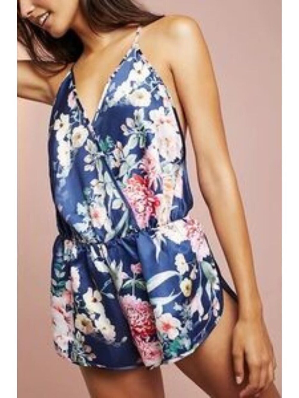Flora Nikrooz anthropologie Midnight Renata Floral Satin Romper L 36870